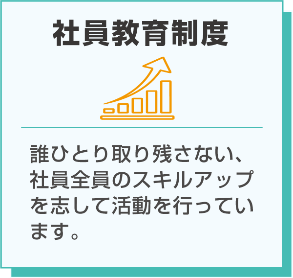 社員教育制度のイラストと説明：誰ひとり取り残さない、社員全員のスキルアップを志して活動を行っています。