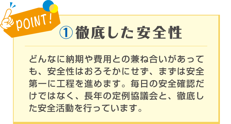 POINT! ①徹底した安全性 どんなに納期や費用との兼ね合いがあっても、安全性はおろそかにせず、まずは安全第一に工程を進めます。毎日の安全確認だけではなく、長年の定例協議会と、徹底した安全活動を行っています。