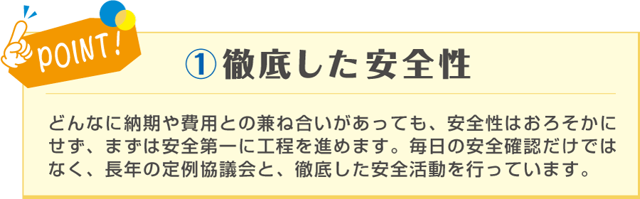 POINT! ①徹底した安全性 どんなに納期や費用との兼ね合いがあっても、安全性はおろそかにせず、まずは安全第一に工程を進めます。毎日の安全確認だけではなく、長年の定例協議会と、徹底した安全活動を行っています。