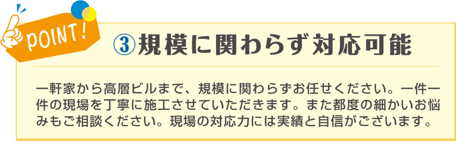 POINT! ③規模に関わらず対応可能 一軒家から高層ビルまで、規模に関わらずお任せください。一件一件の現場を丁寧に施工させていただきます。また都度の細かいお悩みもご相談ください。現場の対応力には実績と自信がございます。